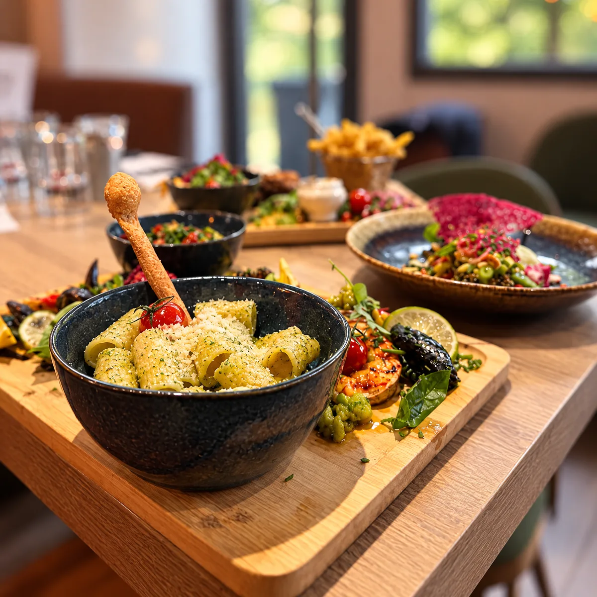 Une table servie au Garden, près des fenêtres
